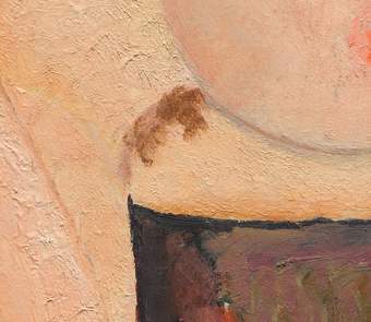 Pubic hair painted over the flesh and the underarm hair is depicted in burnt umber partly mixed in with flesh-tone paint