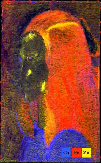 The painting shown with very distorted colours – the face very dark blue with tiny lights at the eyes (showing the dot of zinc), the hair vivid acid green, the clothing bright blue.