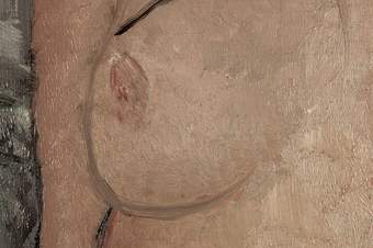 Detail of right breast, the nipple depicted with dashes of transparent red over roughly applied and still wet flesh paint