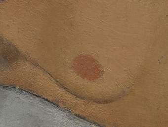 The lighter pink nipple was painted over a darker ochre layer, with the surrounding flesh tones painted up to the nipple and smoothed