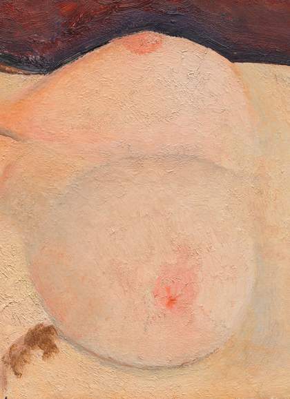 Detail of the breasts, one subtly outlined in grey and light brown, while the breast in profile is set against the darker outline of the background