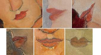 Combined collage of close-up details of the lips from all six of the Modigliani paintings studies here. All orange-red and fully or partially outlined with drawn lines.
