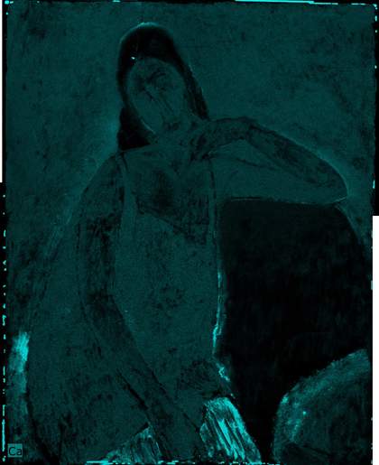 Image that indicates strokes used to alter the sides of the figure’s clothing – the strokes here show as bright marks against a dark green background
