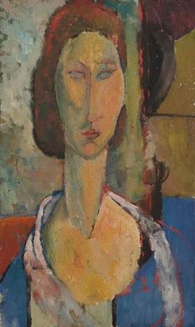 The figure positioned straight on, looking out toward the viewer. A very elongated neck, oval face and almond eyes, blocked-out in grey. Red hair styled short. Blue and white clothing. Background is roughly painted, with a thick red curtain.
