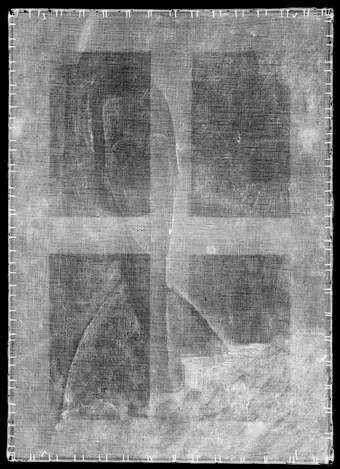 X-radiograph showing the shape of the frame and the painting itself just visible. Many tacks around the outside show up as white.