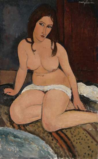 Nude female figure sits with legs folded beneath her, one foot cut off by the canvas edge. Propped up on the floor by one outstretched arm. A small white cloth covers her groin. Her head tilted slightly to the right while her eyes directed left.