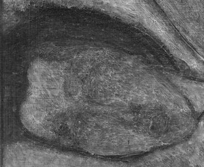 Details showing where the figure’s eyes, nose and mouth were repositioned lower on the face, perhaps to prevent too radical a cropping of the top of her head