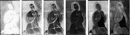 Six different images of the same painting, all greyscale, each highlighting different elements found in the paint layers
