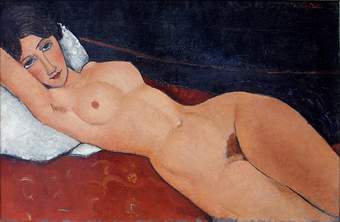 Reclining female nude shown from above the knee, and only the upper part of one arm is visible, stretched above her head, resting on a pillow. She looks towards the viewer, faze slightly lowered, with flushed cheeks and dark lips.