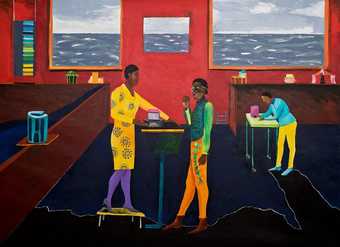 A colourful painting of three people in a studio space, with the sea depicted behind them