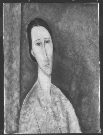 Greyscale image showing marks from an unrelated drawing beneath the paint in the lower-centre of the canvas, around the figure’s neck and shoulder