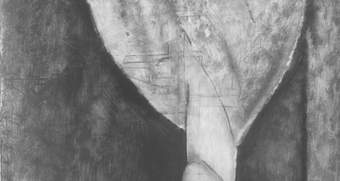Detail of previous image. When viewed upside-down, the drawing beneath the paint appears to be a series of houses or a village in a landscape