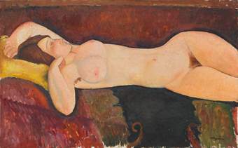 Nude reclining figure, legs stacked one on top of the other, twisting so her upper back is flat against the bed. Rests her head on a yellow pillow, one arm above her head, the other hand on her shoulder. Dark red patterned fabric beneath her.