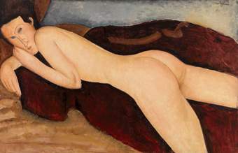 Nude female figure lying on her front, her legs apart, shown from above the knee, her head raised to look towards the viewer. Pale skin and dark hair. Thin arching eyebrows, elongated nose and face, and blocked out eyes.