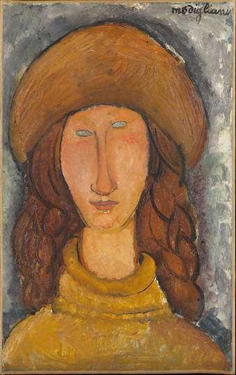 Portrait of Hébuterne looking directly out from the canvas with blocked out grey eyes, one higher than the other. A large brown croissant-shaped hat above thick braided hair. She wears a yellow high-neck jumper. A roughly painted blue-grey background.
