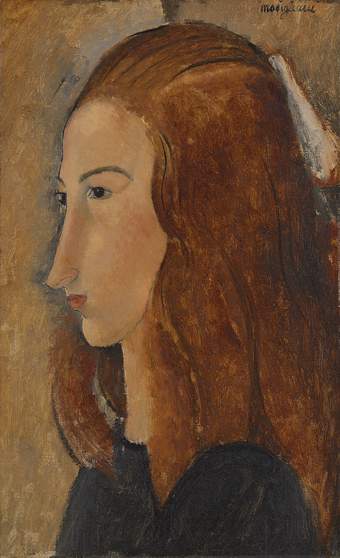 Portrait of a young woman in plain, dark clothing, looking towards the left. Her long red hair is partly tied up, partly loose. She has an elongated, pointed nose and small mouth. The background is roughly painted light brown.