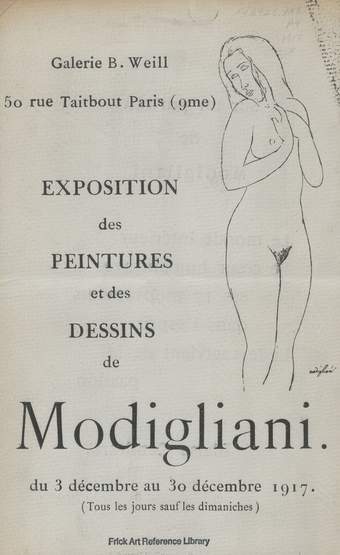 Front cover of a leaflet, yellowed paper, portrait format. The cover features a line drawing of a standing nude figure with text including: Exposition des Peintures et des Dessings du Modigliani.
