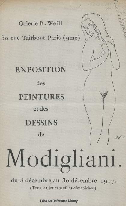 Front cover of a leaflet, yellowed paper, portrait format. The cover features a line drawing of a standing nude figure with text including: Exposition des Peintures et des Dessings du Modigliani.