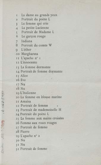 Interior page of a leaflet, yellowed paper, portrait format. The cover features a line drawing of a standing nude figure with text including: Exposition des Peintures et des Dessings du Modigliani.