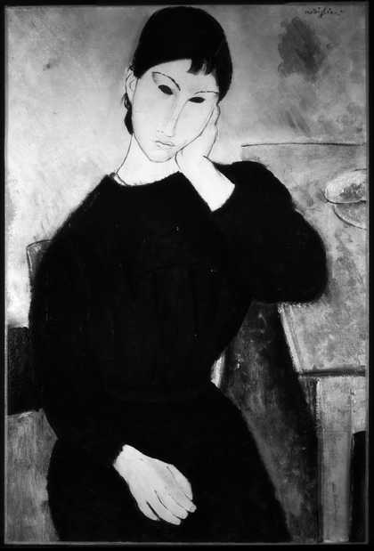 Black-and-white image of Elvira Resting at a Table. Infrared reflectography allows us to see beneath the layers of paint that are usually visible to the human eye.
