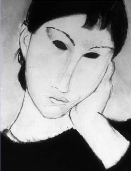 Detail of the face showing underdrawn lines, especially around the outline of the face, chin and ear.