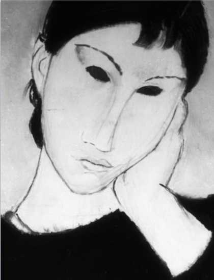 Detail of the face showing underdrawn lines, especially around the outline of the face, chin and ear.