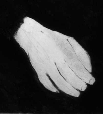 Detail of the hand that rests on the figure’s lap, showing underdrawn lines.