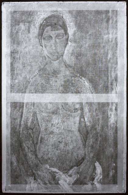 X-radiograph images shows layers of brushstrokes, blocked-in shapes and contour lines.