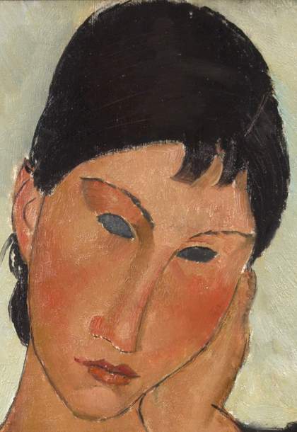 Detail of the figure’s face resting in her left hand. Lines in the dark hair show where paint has been scraped to create texture.