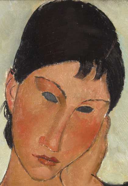 Detail of the figure’s face resting in her left hand. Lines in the dark hair show where paint has been scraped to create texture.