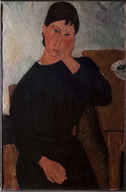 Photograph in raking light, revealing the height of the impasto and the directional brushwork that matches the figure’s gaze towards the lower right.