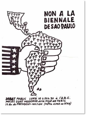 A black felt-tip drawing of the map of Central and South America being squeezed by a hand wearing a sleeve bearing the stars and stripes of the US flag. Text shows the title, dates and location of the debate event.