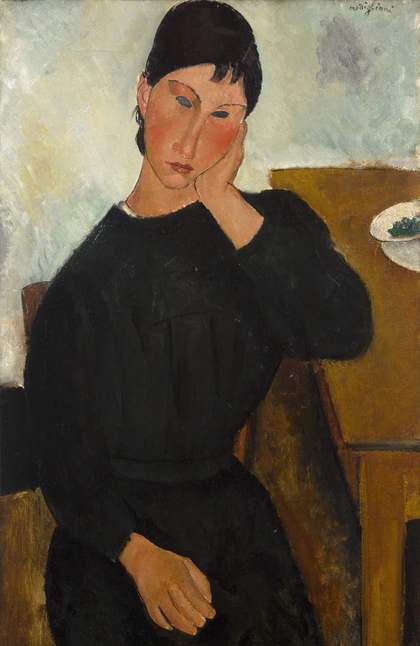 Woman with short dark hair and simple, long-sleeved black dress sits with her arm resting on a table, her face resting in her hand. Her facial features are pronounced, elongated, with flushed cheeks and dark grey hollows for eyes. Narrow portrait format.