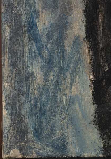 Very close-up detail of the background in the lower left corner, showing rapidly drawn blue brushstrokes, thinly applied.