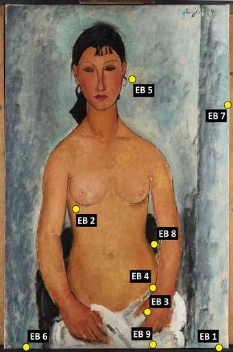 Sample areas on Standing Nude (Elvira) are each marked with a code that’s referenced in Table 1. The Table includes a description of the location of each sample site.