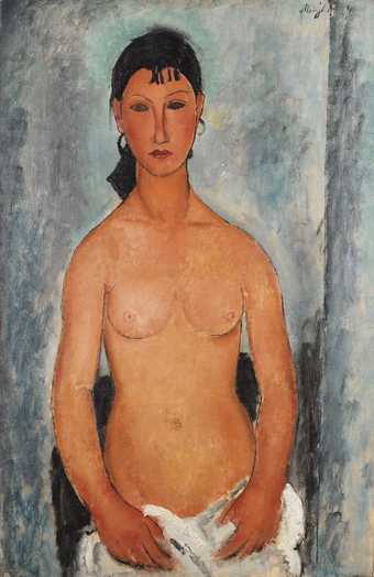 Frontal female nude with white cloth covering the figure from lower waist down. The face is more finely painted than the body. The distinct, elongated facial features and dark eyes are similar to fig.1. A pale blue halo effect in the paint behind her head