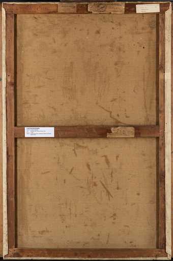 Back of painting showing wooden frame with central crossbar. Several labels are stuck to the frame, some new, some older showing tears and discolouration.
