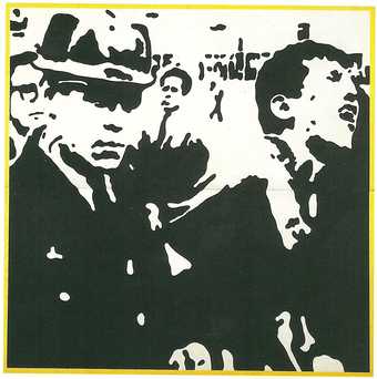 Black and white image, simplified as if blown up from a newspaper image, featuring a policeman and another person seeming to cry out in pain, presumably being manhandled by the policeman. Framed by bright yellow border.