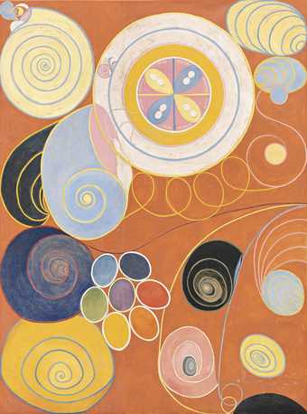 Painting featuring colourful spiral shapes, circles and ovals and looping lines