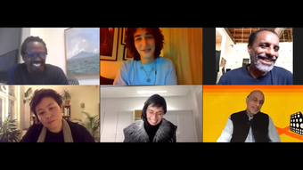 Six people on a videoconference screen, some of them smiling