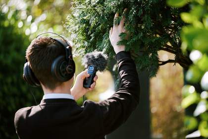 Image shows a young person wearing headphones and using a sound recorder while stroking the leaves of a tree in Hepworth's sculpture garden.