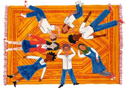 Hand-drawn colourful illustration of a group of students and teachers, lying down on a rug together in a circle