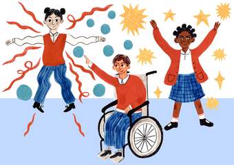 Hand-drawn colourful illustration of three young people - one in a wheelchair, two standing - making movements with their bodies