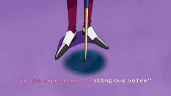 Cartoon video still showing feet in black and white shoes on a purple floor and text that reads: we all experience "losing our voice"