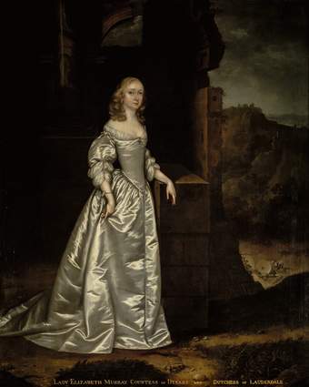 Painting of a woman in a grey silk full-length period dress