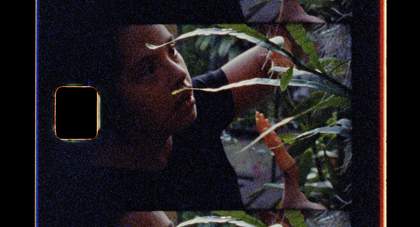 negetive film image where a person looks at a plant