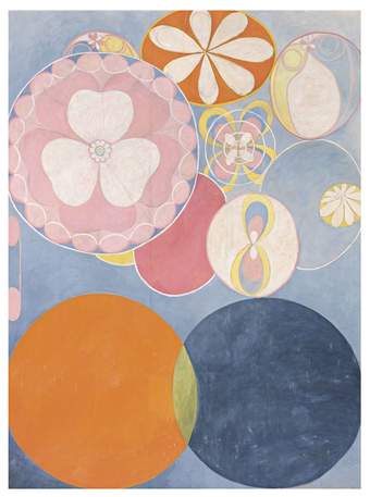 painted circular shapes and petal shapes in orange, pink and navy on a blue background