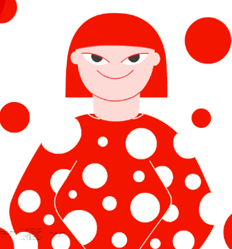 Animated version of artist Yayoi Kusama wearing a red top with white dots