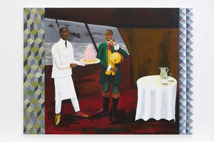 A waiter with a jelly on a platter and a musician in a room with a table.