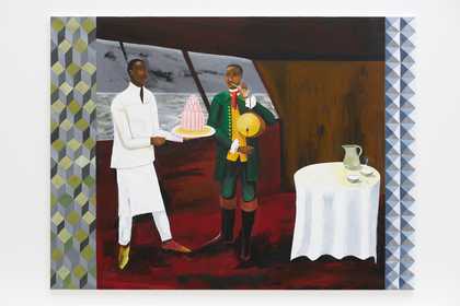 A waiter with a jelly on a platter and a musician in a room with a table.